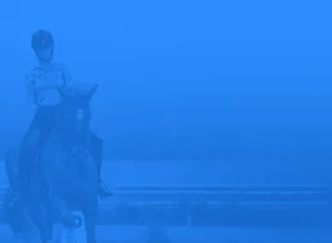 A person wearing a helmet rides a horse outdoors, showcasing expert training. The image has a strong blue overlay, partially obscuring details. In the background, a fence and blurred scenery add scale to this masterclass moment.