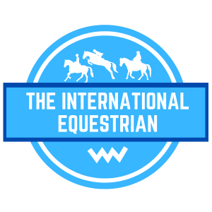 A blue circular logo with white silhouettes of three horses and riders, one jumping, highlights Dressage Training. Text in the center reads “THE INTERNATIONAL EQUESTRIAN” in bold white letters on a blue rectangle.