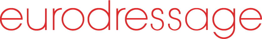 The word eurodressage is written in all lowercase letters in a bold, modern, red font on a transparent background, reflecting the precision and style of Dressage Training.