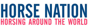 Logo with large blue text reading HORSE NATION and smaller pink text underneath that says HORSING AROUND THE WORLD, featuring a clean white background—perfect for fans of horses, Dressage Training, and global equestrian adventures.