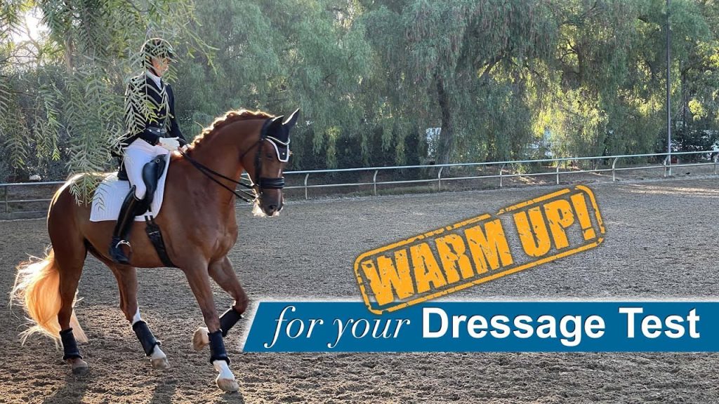 A rider on a chestnut horse performs dressage in an outdoor arena with trees in the background. Large text reads WARM UP! and below it, for your dressage test preparation.
