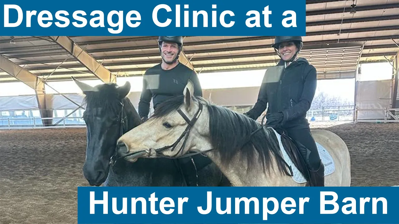 Two people in riding helmets and gear sit on horses inside an indoor arena at a hunter barn. Large white text over the image reads, Dressage Clinic at a Hunter Jumper Barn.