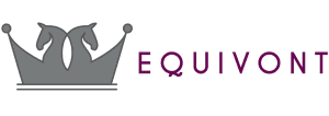Logo with two gray horse heads facing opposite directions atop a crown, symbolizing Dressage Training, next to the word EQUIVONT in uppercase purple letters on a white background.