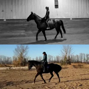 A person riding a horse indoors in black and white (top) and outdoors in color (bottom); both scenes show the Round 2023 rider in similar posture, wearing a helmet and riding gear for the 30 Days Challenge.