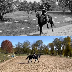 Top: A person rides a horse on a dirt path in a black-and-white outdoor scene. Bottom: The same rider participates in 30 Days to Round 2023, riding the horse in a fenced sandy arena surrounded by colorful autumn trees.