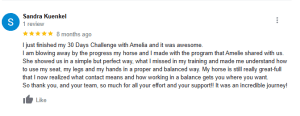 A Google review by Sandra Kuenkel with a 5-star rating. She praises the 2023 "30 Days to Round" challenge with Amelia, noting significant progress with her horse and expressing gratitude for the support and positive experience.