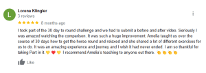 A Google review by Lorena Klingler rates 5 stars for the "30 Days to Round" horse training challenge, noting impressive improvement and gratitude for instructor Amelia. She uses heart and clapping emojis in her enthusiastic feedback.
