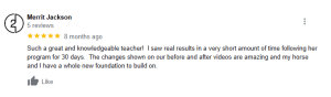 A Google review from Merrit Jackson, rating 5 stars, praises a knowledgeable teacher whose 30 Days to Round program brought real results. Merrit notes impressive changes in before and after videos for both her and her horse.