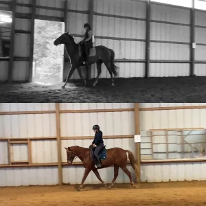 Two images from the 30 Days to Round 2023 challenge show a person riding a horse inside an indoor arena. The top black-and-white photo shows the horse by an open door, while the bottom color photo captures it walking along the wall.