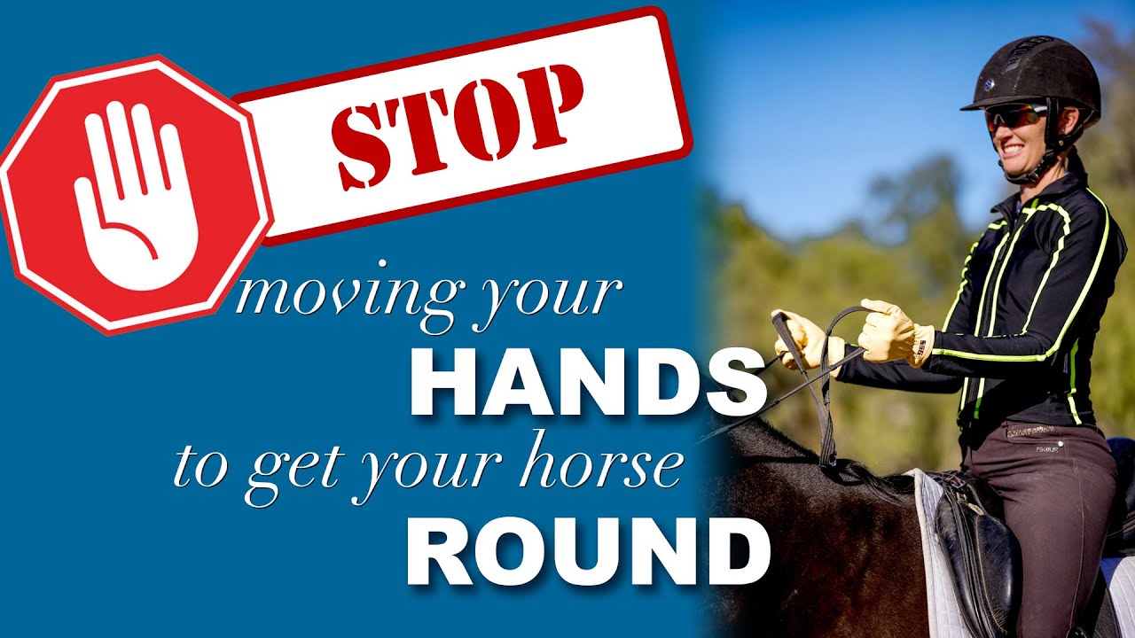 A woman in riding gear holds horse reins and smiles. A red stop sign graphic with STOP and the text stop moving hands to get your horse ROUND is displayed on a blue background beside her, highlighting control hand movement techniques.