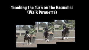 A rider on a brown horse demonstrates a turn on the haunches in an outdoor arena. Three frames capture key moments of the walk pirouette. White text above reads, Teaching the Turn on the Haunches (Walk Pirouette).