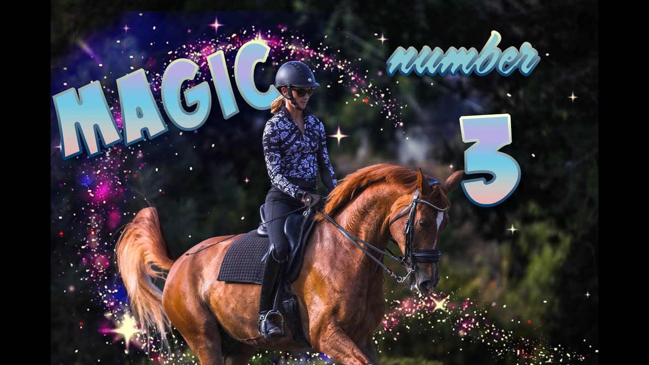 A woman wearing a helmet rides a brown horse. The background is dark with colorful, sparkling effects. Large text says MAGIC number 3—discover the secret formula to effective horse training.