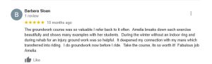 A Google review by Barbara Sloan, rated 5 stars, praises instructor Amelia for her valuable Groundwork Essentials course, clear explanations, and helpful examples—highly recommending it and calling it so worth it.