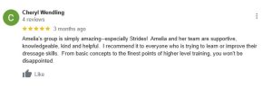 A Google review by Cheryl Wendling gives five stars and praises Amelia’s group for being knowledgeable, kind, helpful, and supportive—highly recommending Strides Enrollment for learning or improving skills at any level.