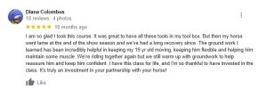 A Google review by Diana Colombus with five stars, praising the horse training course for its Essentials and Groundwork techniques that helped her 19-year-old horse recover and stay healthy. She expresses gratitude and recommends the class for building a strong partnership.