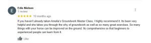 A Google review by Edie Nielsen praises Amelia’s Groundwork Master Class, rating it 5 stars and describing it as comprehensive, helpful, and packed with Groundwork Essentials for all experience levels with horses.