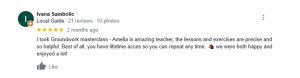 A Google review by Ivana Sambolic praising the Groundwork Essentials masterclass and teacher Amelia for precise lessons and lifetime access, with a five-star rating and a happy face emoji.