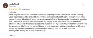 A Google review by Lynda Burch with a 5-star rating. She shares how the training classes, focused on groundwork essentials, improved her horse riding, making it more deliberate and enjoyable. She thanks the teacher for a rewarding experience.