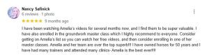 A Google review by Nancy Safinick, rated 5 stars, praises Amelia’s videos and master classes on groundwork essentials. With 50 years of horse experience, Nancy calls Amelia and her team over the top superb.
