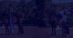Two equestrians in patterned shirts and helmets stand beside their dark brown horses in an outdoor arena, showcasing Groundwork Essentials. One rider holds a blue and red flag, while the other drapes it over the horse’s back. Trees and hills are in the background.