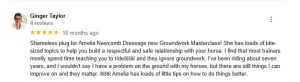 A Google review by Ginger Taylor praising Amelia Newcomb Dressage’s Groundwork Essentials Masterclass for offering useful, bite-sized tips on building a respectful and safe relationship with horses.