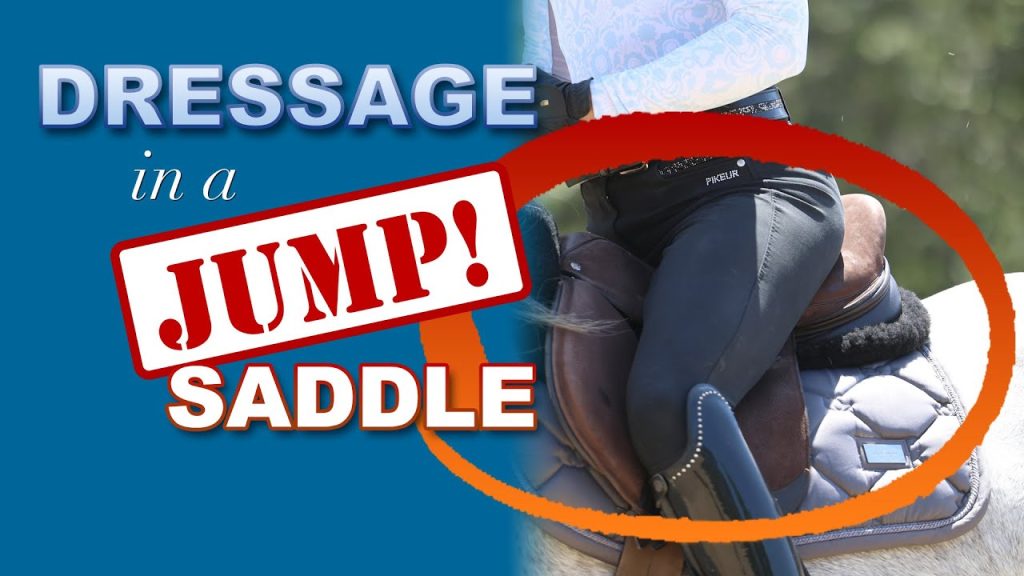 A graphic displays the text DRESSAGE in a JUMP SADDLE beside a photo of a rider in black pants riding, with a red oval highlighting the jump saddle.