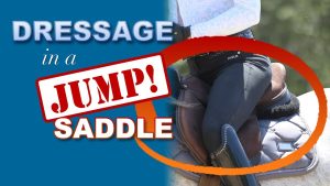 A graphic displays the text DRESSAGE in a JUMP SADDLE beside a photo of a rider in black pants riding, with a red oval highlighting the jump saddle.