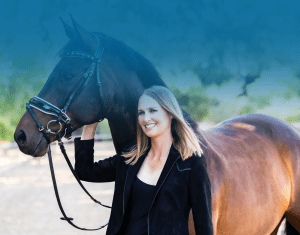 A smiling woman with straight, blonde hair stands beside a brown horse, holding its reins. They are outdoors against a blue gradient overlay, with subtle patterns in the background adding visual interest to the scene.