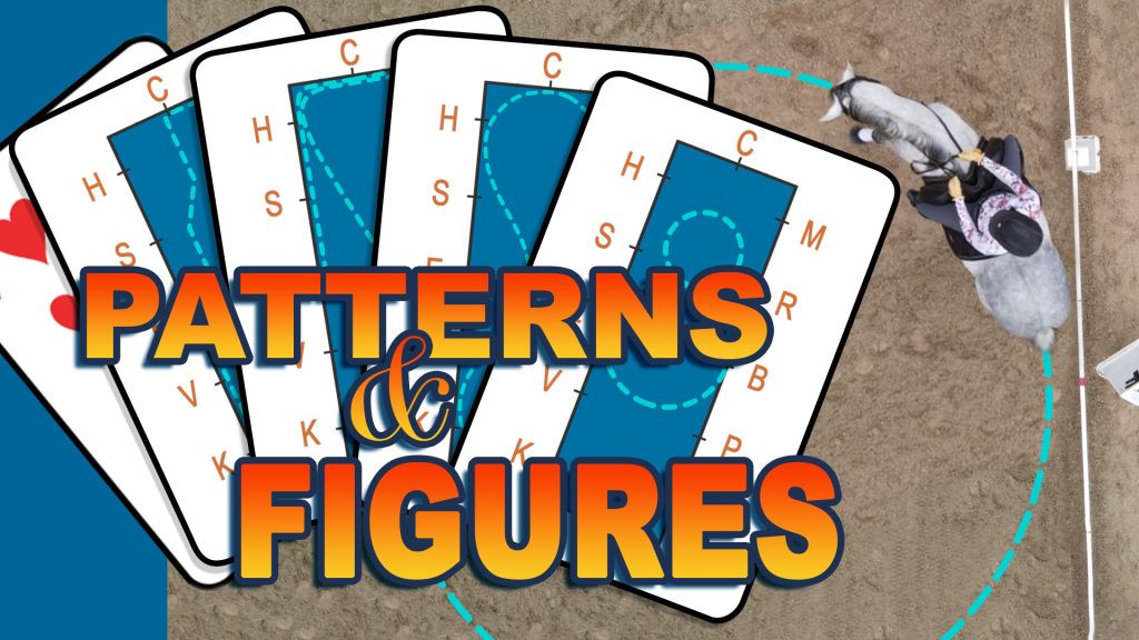 Five illustrated playing cards labeled with riding pattern letters are fanned out over a sandy arena. A rider on a gray horse follows a blue dashed path. Large text reads PATTERNS & FIGURES across the cards.