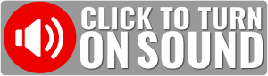 A gray rectangular button with a red circle containing a white speaker icon on the left and bold white text on the right that says CLICK TO TURN ON SOUND.