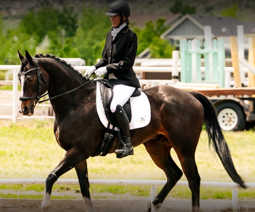Online student Allison riding her horse in a dressage competition.