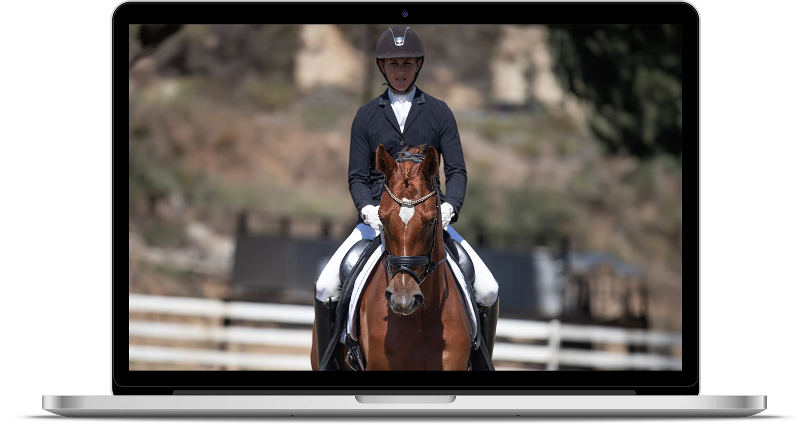 A person in equestrian attire rides a brown horse in an outdoor arena, featured on a laptop screen. The scene, part of a Blue Ribbon Course, has a blurred background with trees and fencing visible.