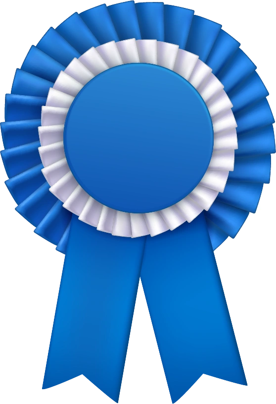 A blue ribbon with white accents and two long tails, often used as an award for first place or special recognition in Training Level events or Blue Ribbon Course achievements.
