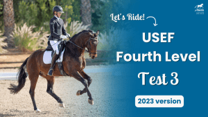 A rider in formal dressage attire guides a dark brown horse in an arena. Text on the right reads: Let’s Ride! Fourth Level Test 3, 2023 version, with the Amelia Newcomb Dressage logo in the corner.