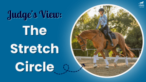 A rider on a chestnut horse performs a stretch circle in an outdoor arena. The text reads Judge’s View: The Stretch Circle on a blue background, with a horse and rider logo in the top right corner.