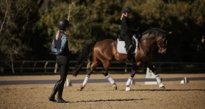 A person on horseback practices dressage in an outdoor arena, focusing on the Sitting Trot Challenge, while another rider in helmet observes from the ground. Trees and sunlight create a scenic backdrop.