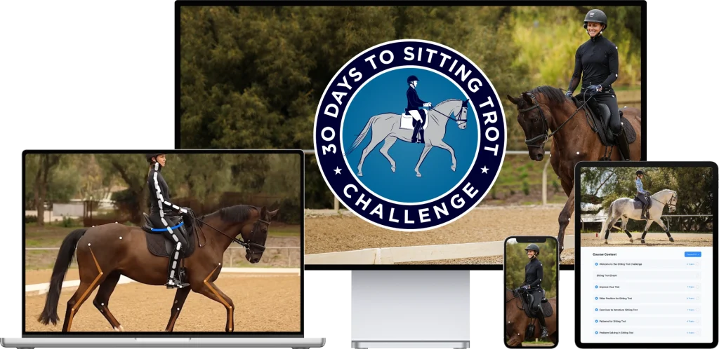 Dressage horse and rider practicing arena work in a dressage trot challenge
