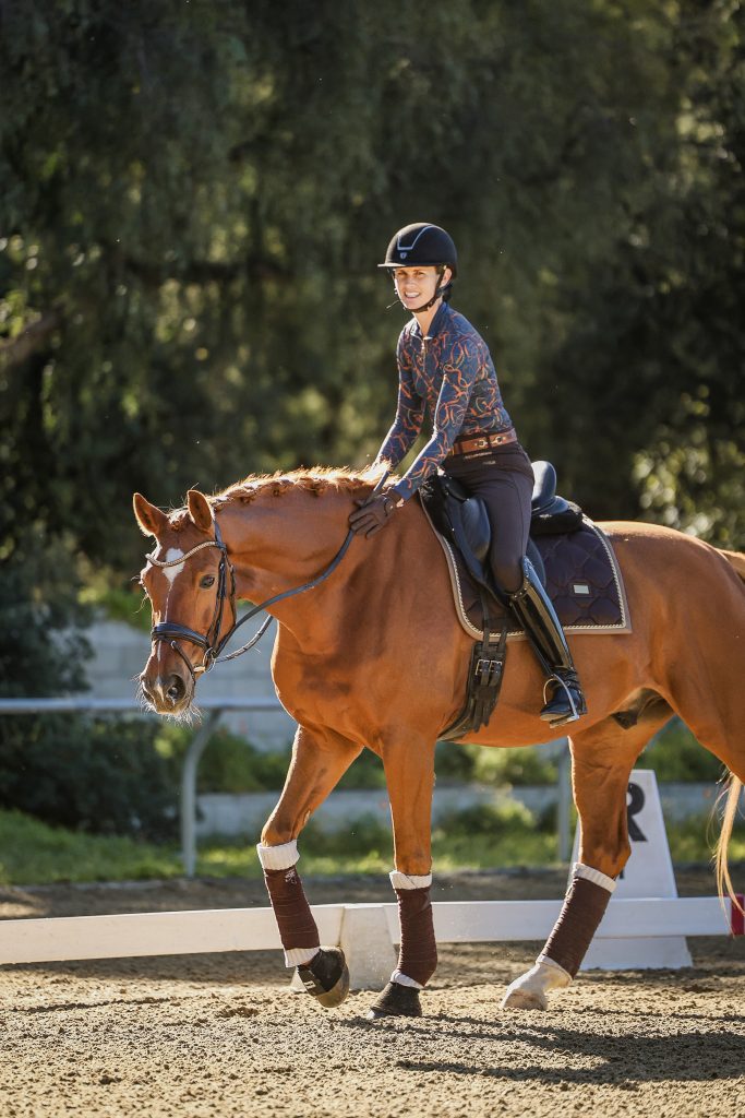 A person wearing a helmet and riding gear smiles while riding a brown horse in an outdoor arena, with trees and sunlight in the background—perfect for anyone seeking inspiration before reviewing their Training Scale PDF.