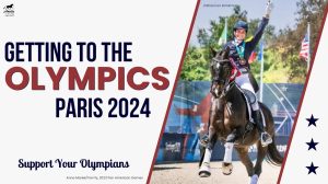 A smiling equestrian athlete in riding gear raises an arm while riding a black horse. Text reads Getting to the Olympics Paris 2024. Stars and Support Your Olympians highlight the Olympic season on a white background.