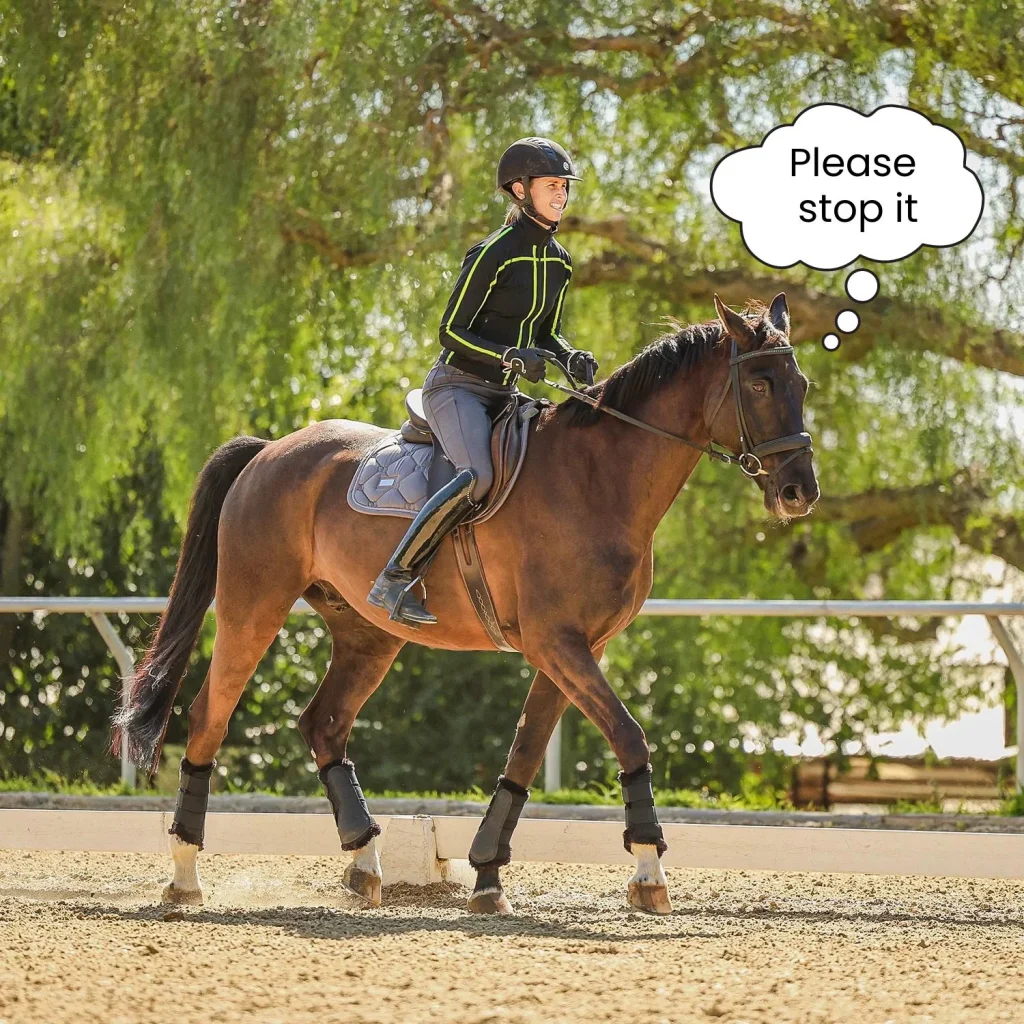 A person wearing riding gear is riding a horse in an outdoor arena, taking on the Sitting Trot Challenge. The horse has a thought bubble above its head that says, Please stop it. Trees and a fence are visible in the background.