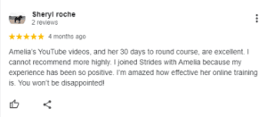 A Google review by Sheryl Roche with 5 stars praises Amelia’s YouTube videos and 30-day Sitting Trot Challenge, highlighting positive experiences and effective online training, recommending it highly.