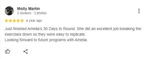 Google review by Molly Martin with a 5-star rating. Molly praises Amelia’s 30 Days to Round and mentions how the Sitting Trot Challenge offered clear exercise instructions. She expresses interest in future programs, and her profile photo is visible.