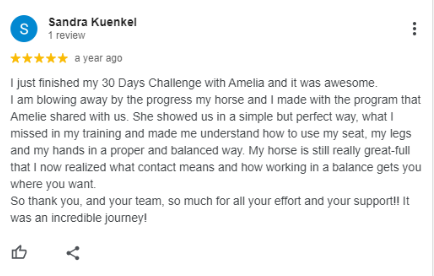 A Google review by Sandra Kuenkel with a five-star rating praises Amelia’s Sitting Trot Challenge, describing progress with her horse and appreciation for the program’s practical training and support.