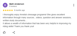 A Google review by Beth Anderson, rating five stars, praising Amelia’s dressage programs and the Sitting Trot Challenge for offering helpful videos, Q&A sessions, written materials, and improving her riding skills.