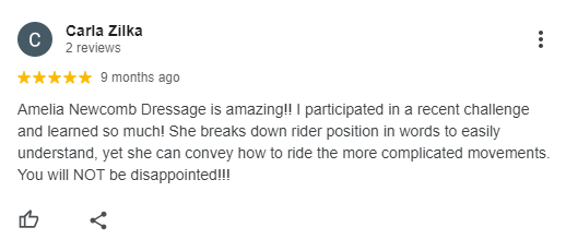 A Google review by Carla Zilka gives 5 stars to Amelia Newcomb Dressage, praising the clear instruction and helpfulness in learning both basic and advanced riding movements, especially through the Sitting Trot Challenge.