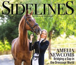 A smiling woman in equestrian attire stands beside a brown horse, holding its bridle. They are outdoors with greenery in the background. The cover text reads Sidelines and Amelia’s Tack Room: Bridging a Gap in the Dressage World.