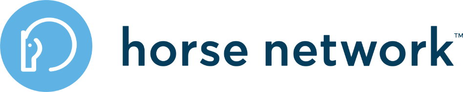 Horse Network logo with a white stylized horse head inside a blue circle to the left of the words horse network in dark blue lowercase letters on a white background, capturing the energy and elegance of horse riding and the sitting trot.