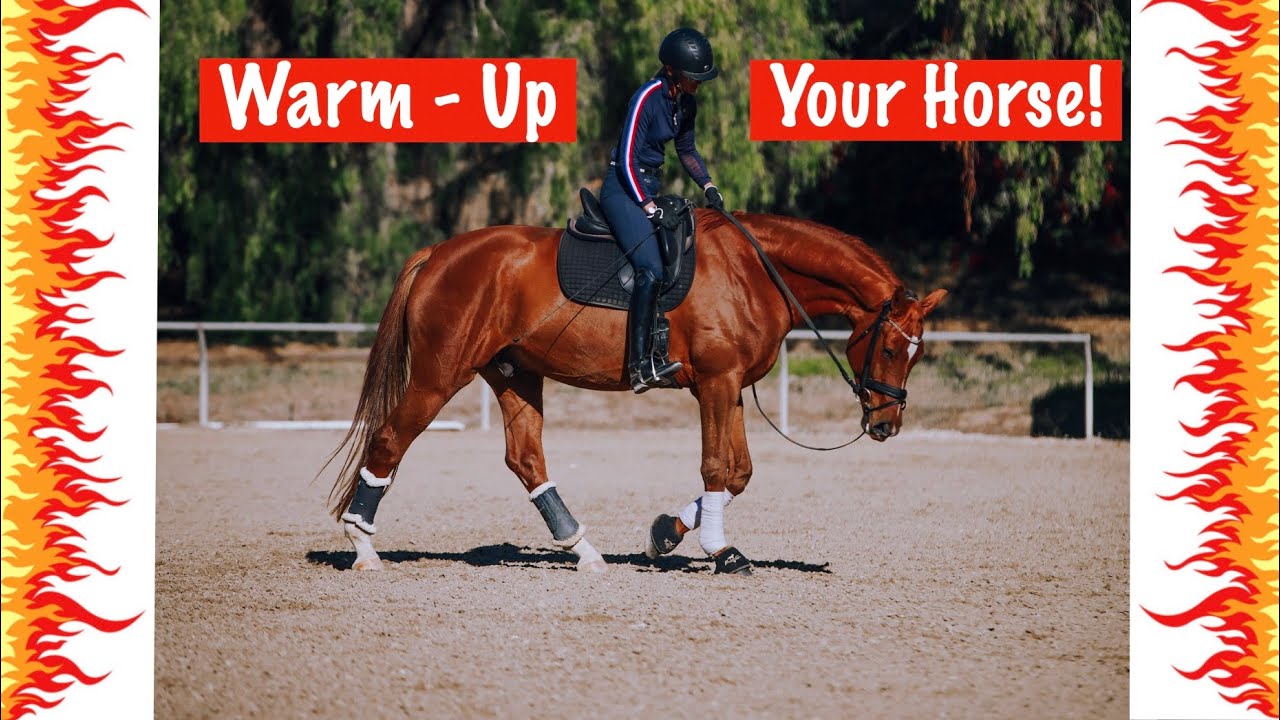 A person in riding gear warms up a chestnut horse in an outdoor arena. The image has a flame border and bold red text that reads Warm-Up Your Horse! across the top.