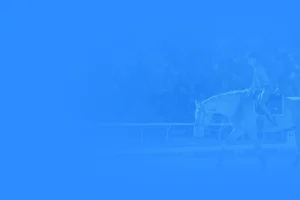 A person rides a horse outdoors on a track, both moving calmly to the right; the image is heavily tinted blue with the left side fading into a solid blue background, evoking the elegance of a 2024 Training Scale Sale Page.