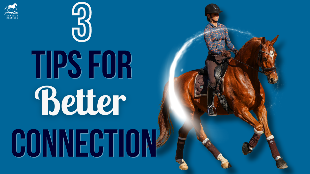 A rider on a brown horse is outlined by a white arc. The text reads 3 Connection Tips for Better Connection on a blue background. The AnnA Siemers Inner Circle logo is in the top left corner.